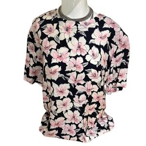 Vtg early 90s Jones New York Floral Print Top‎ Short Sleeve Blouse Sz 14 fits 10